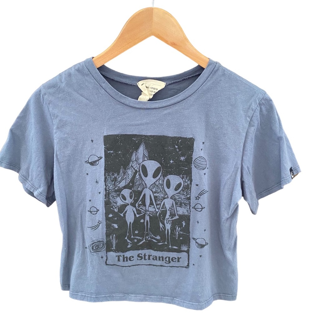 Women's XS French Pastry T-Shirt Blue with Black Alien Graphic & "The Stranger"